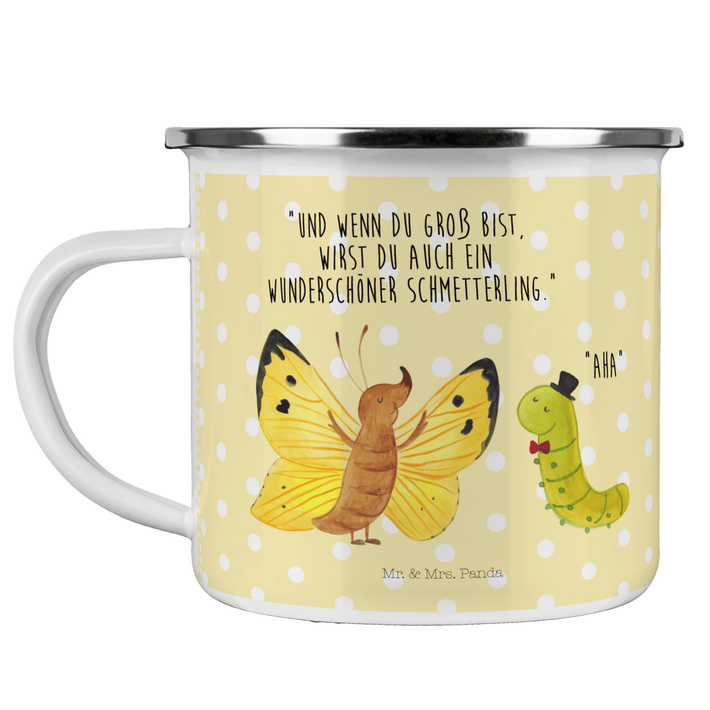Camping Emaille Tasse Raupe & Schmetterling Campingtasse, Trinkbecher, Metalltasse, Outdoor Tasse, Emaille Trinkbecher, Blechtasse Outdoor, Emaille Campingbecher, Edelstahl Trinkbecher, Metalltasse für Camping, Kaffee Blechtasse, Camping Tasse Metall, Tiermotive, Gute Laune, lustige Sprüche, Tiere, Raupe, Schmetterling, Zitronenfalter, Entwicklung, Erwachsen werden, Kokon, Hut, Hütchen, Schönheit, Aufwachsen