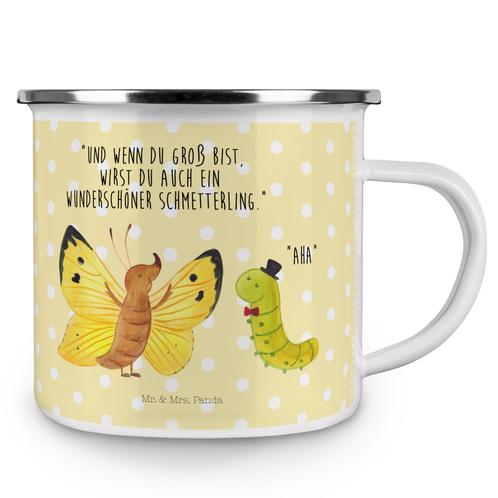 Camping Emaille Tasse Raupe & Schmetterling Campingtasse, Trinkbecher, Metalltasse, Outdoor Tasse, Emaille Trinkbecher, Blechtasse Outdoor, Emaille Campingbecher, Edelstahl Trinkbecher, Metalltasse für Camping, Kaffee Blechtasse, Camping Tasse Metall, Tiermotive, Gute Laune, lustige Sprüche, Tiere, Raupe, Schmetterling, Zitronenfalter, Entwicklung, Erwachsen werden, Kokon, Hut, Hütchen, Schönheit, Aufwachsen