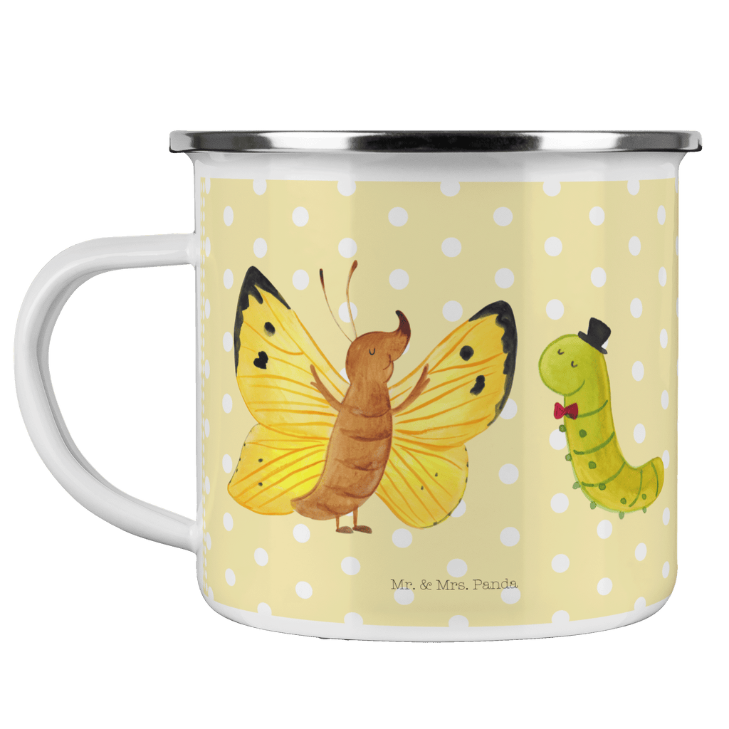 Camping Emaille Tasse Raupe & Schmetterling Campingtasse, Trinkbecher, Metalltasse, Outdoor Tasse, Emaille Trinkbecher, Blechtasse Outdoor, Emaille Campingbecher, Edelstahl Trinkbecher, Metalltasse für Camping, Kaffee Blechtasse, Camping Tasse Metall, Tiermotive, Gute Laune, lustige Sprüche, Tiere, Raupe, Schmetterling, Zitronenfalter, Entwicklung, Erwachsen werden, Kokon, Hut, Hütchen, Schönheit, Aufwachsen