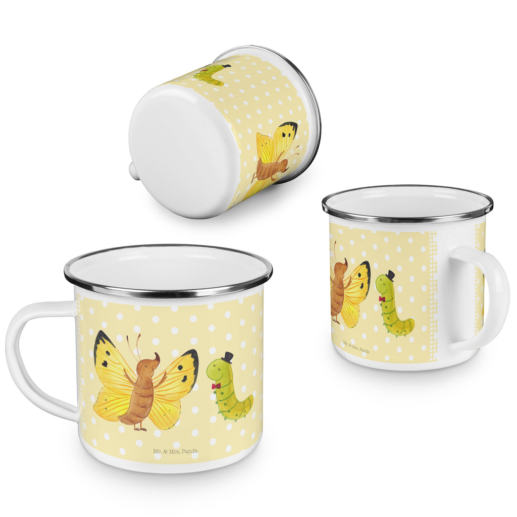 Camping Emaille Tasse Raupe & Schmetterling Campingtasse, Trinkbecher, Metalltasse, Outdoor Tasse, Emaille Trinkbecher, Blechtasse Outdoor, Emaille Campingbecher, Edelstahl Trinkbecher, Metalltasse für Camping, Kaffee Blechtasse, Camping Tasse Metall, Tiermotive, Gute Laune, lustige Sprüche, Tiere, Raupe, Schmetterling, Zitronenfalter, Entwicklung, Erwachsen werden, Kokon, Hut, Hütchen, Schönheit, Aufwachsen
