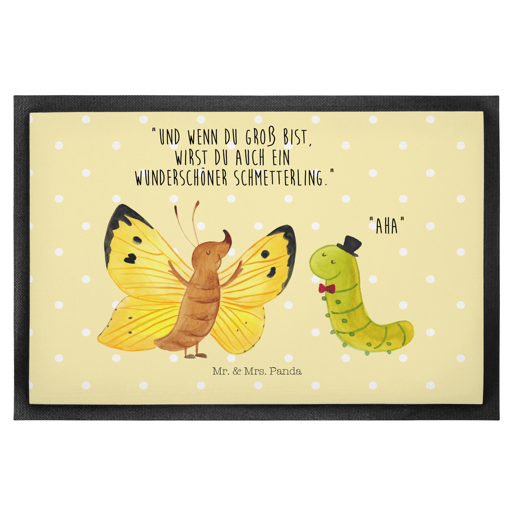 Fußmatte Raupe & Schmetterling Raupe, Schmetterling, Zitronenfalter, Entwicklung, Erwachsen werden, Kokon, Hut, Hütchen, Schönheit, Aufwachsen, Türvorleger, Schmutzmatte, Fußabtreter, Matte, Schmutzfänger, Fußabstreifer, Schmutzfangmatte, Türmatte, Motivfußmatte,  Haustürmatte, Vorleger  süße Tiermotive, gute Laune, lustige Sprüche, Tiere