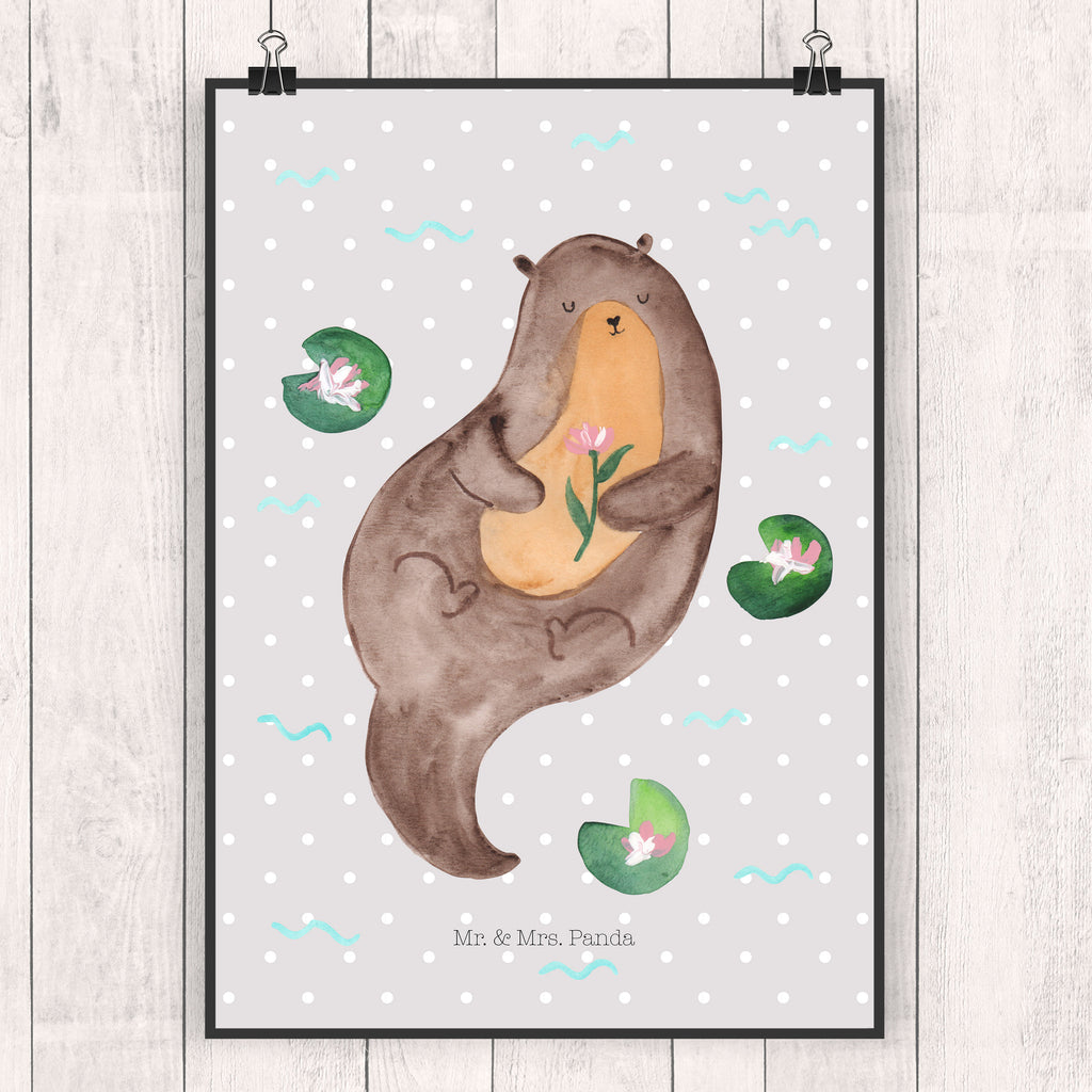 Poster Otter mit Seerose Poster, Wandposter, Bild, Wanddeko, Küchenposter, Kinderposter, Wanddeko Bild, Raumdekoration, Wanddekoration, Handgemaltes Poster, Mr. & Mrs. Panda Poster, Designposter, Kunstdruck, Posterdruck, Otter, Fischotter, Seeotter, Otter Seeotter See Otter
