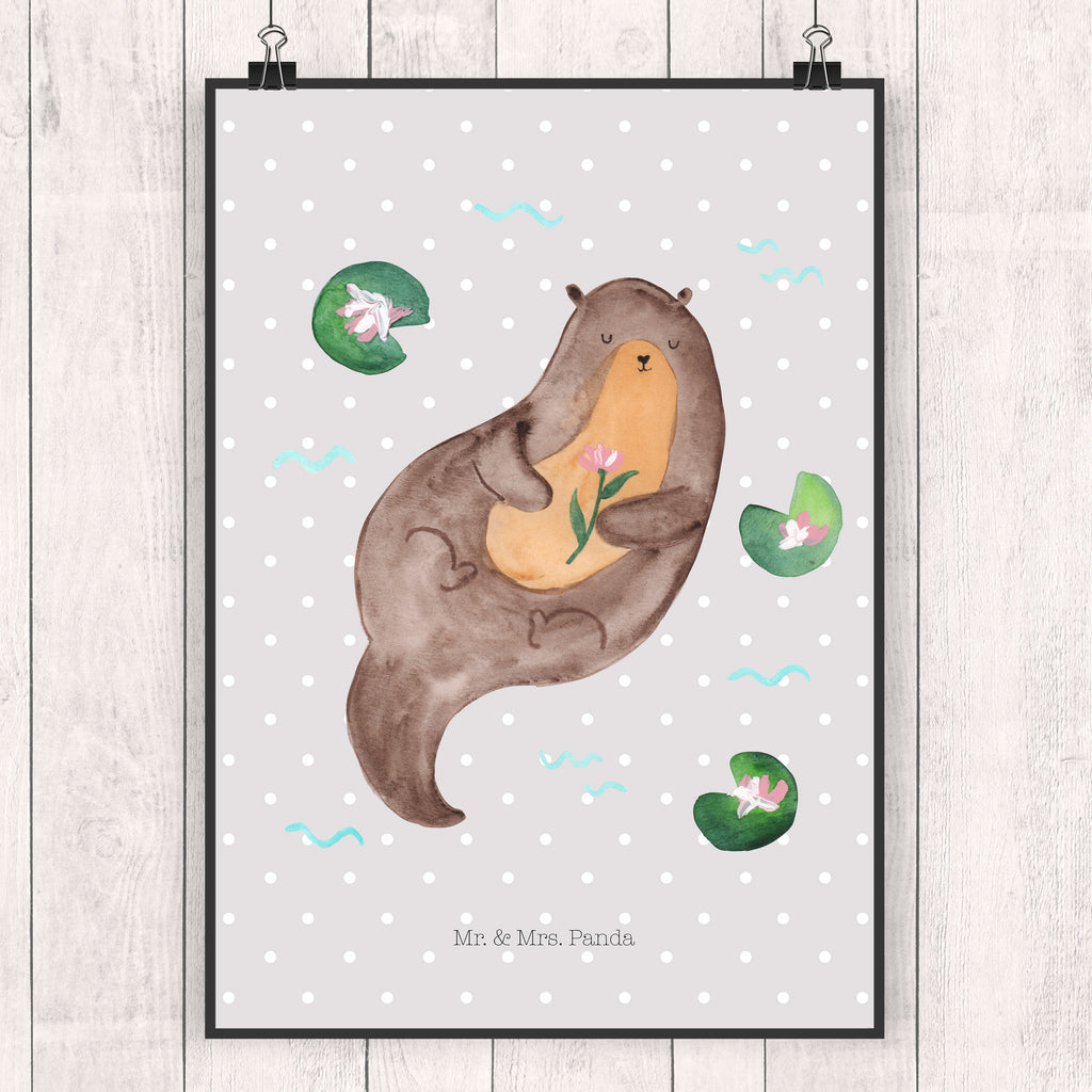 Poster Otter mit Seerose Poster, Wandposter, Bild, Wanddeko, Küchenposter, Kinderposter, Wanddeko Bild, Raumdekoration, Wanddekoration, Handgemaltes Poster, Mr. & Mrs. Panda Poster, Designposter, Kunstdruck, Posterdruck, Otter, Fischotter, Seeotter, Otter Seeotter See Otter