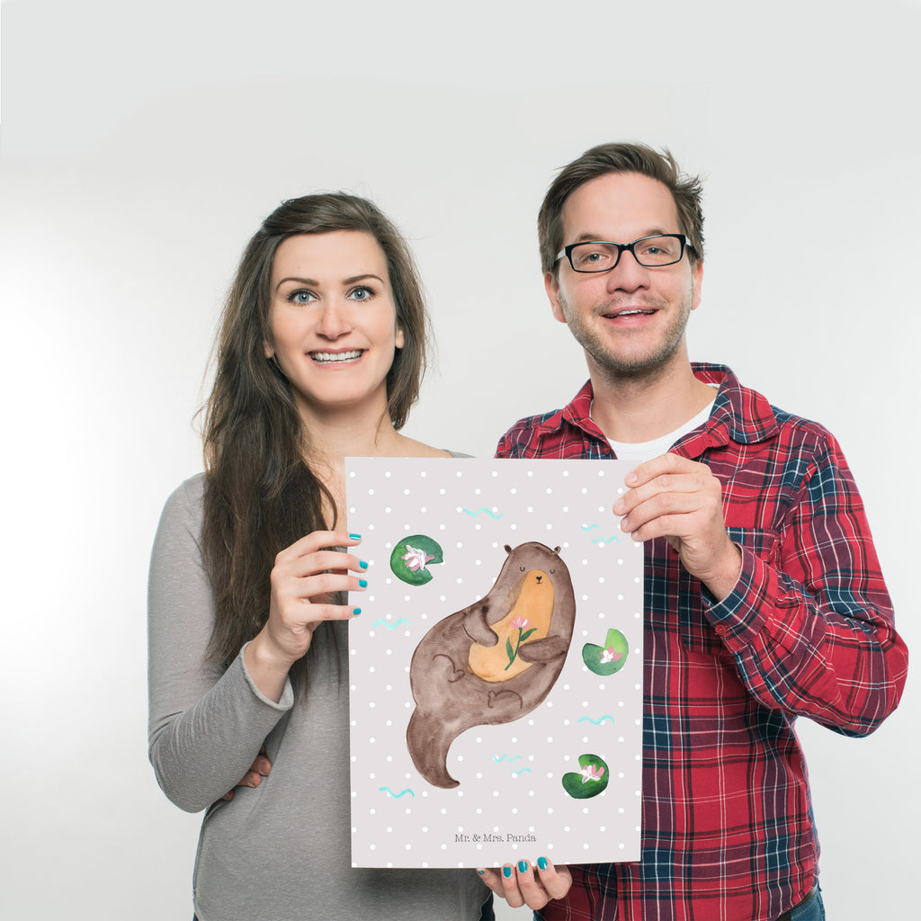 Poster Otter mit Seerose Poster, Wandposter, Bild, Wanddeko, Küchenposter, Kinderposter, Wanddeko Bild, Raumdekoration, Wanddekoration, Handgemaltes Poster, Mr. & Mrs. Panda Poster, Designposter, Kunstdruck, Posterdruck, Otter, Fischotter, Seeotter, Otter Seeotter See Otter