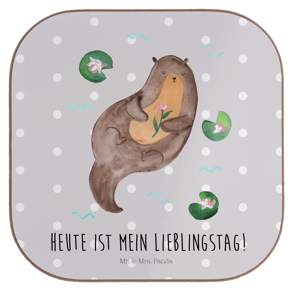 Quadratische Untersetzer Otter mit Seerose Bierdeckel, Glasuntersetzer, Untersetzer Gläser, Getränkeuntersetzer, Otter, Fischotter, Seeotter, Otter Seeotter See Otter