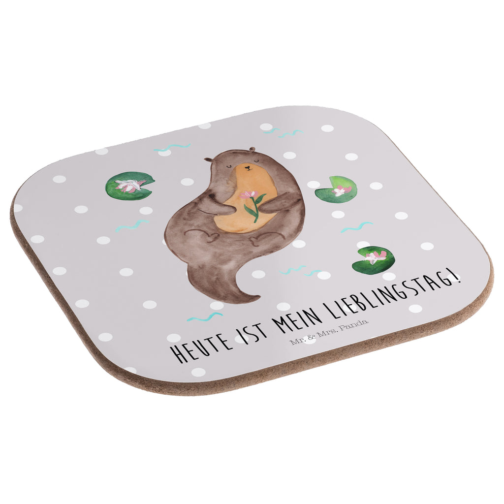 Quadratische Untersetzer Otter mit Seerose Bierdeckel, Glasuntersetzer, Untersetzer Gläser, Getränkeuntersetzer, Otter, Fischotter, Seeotter, Otter Seeotter See Otter