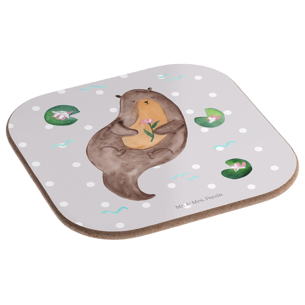 Quadratische Untersetzer Otter mit Seerose Bierdeckel, Glasuntersetzer, Untersetzer Gläser, Getränkeuntersetzer, Otter, Fischotter, Seeotter, Otter Seeotter See Otter