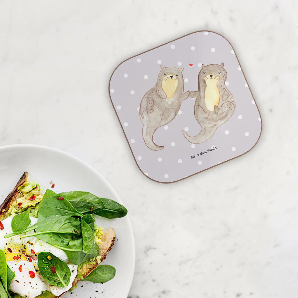 Quadratische Untersetzer Otter händchenhaltend Bierdeckel, Glasuntersetzer, Untersetzer Gläser, Getränkeuntersetzer, Otter, Fischotter, Seeotter, Otter Seeotter See Otter