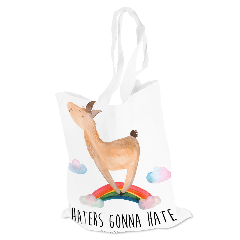 Tragetasche Lama Regenbogen Beuteltasche, Beutel, Einkaufstasche, Jutebeutel, Stoffbeutel, Lama, Alpaka, Lamas, Regenbogen, Haters gonna hate, Haters, Selbstständig, Außenseiter, Schule, Abi, Hobby, Wolkenland, Freiheit