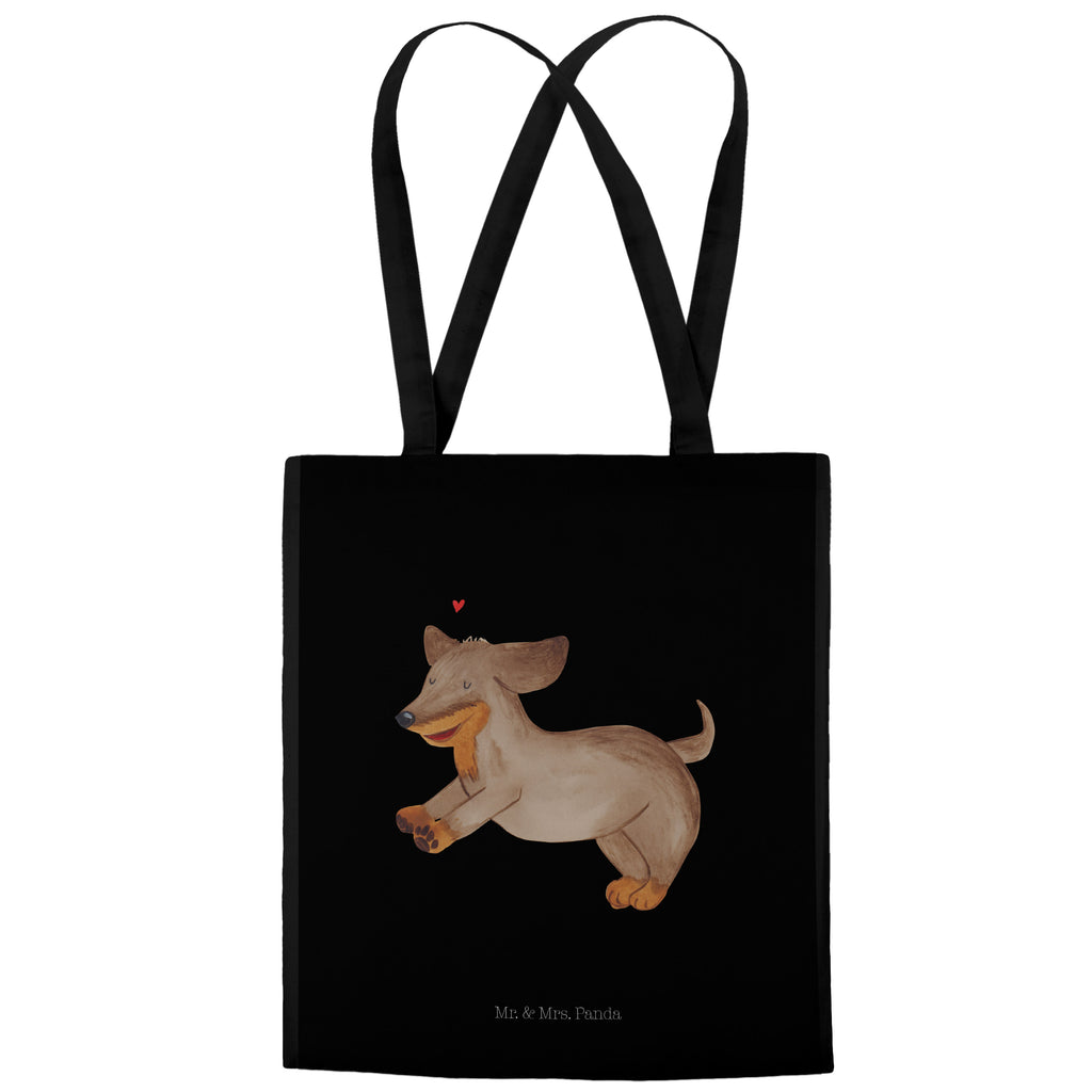 Tragetasche Hund Dackel fröhlich Beuteltasche, Beutel, Einkaufstasche, Jutebeutel, Stoffbeutel, Hund, Hundemotiv, Haustier, Hunderasse, Tierliebhaber, Hundebesitzer, Sprüche, Hunde, Dackel, Dachshund, happy dog