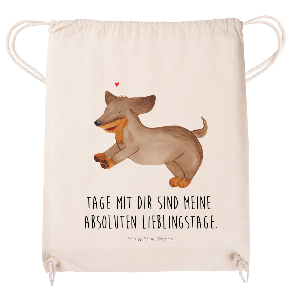 Sportbeutel Hund Dackel fröhlich Turnbeutel, Beutel, Sporttasche, Tasche, Stoffbeutel, Hund, Hundemotiv, Haustier, Hunderasse, Tierliebhaber, Hundebesitzer, Sprüche, Hunde, Dackel, Dachshund, happy dog