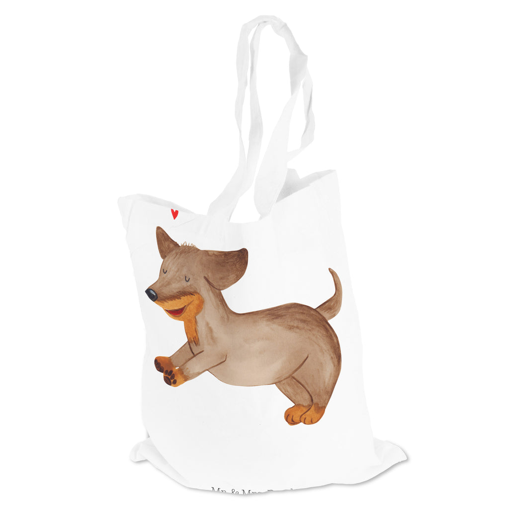 Tragetasche Hund Dackel fröhlich Beuteltasche, Beutel, Einkaufstasche, Jutebeutel, Stoffbeutel, Hund, Hundemotiv, Haustier, Hunderasse, Tierliebhaber, Hundebesitzer, Sprüche, Hunde, Dackel, Dachshund, happy dog