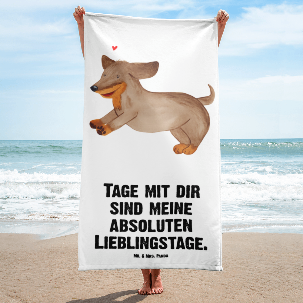 XL Badehandtuch Hund Dackel fröhlich Handtuch, Badetuch, Duschtuch, Strandtuch, Saunatuch, Hund, Hundemotiv, Haustier, Hunderasse, Tierliebhaber, Hundebesitzer, Sprüche, Hunde, Dackel, Dachshund, happy dog