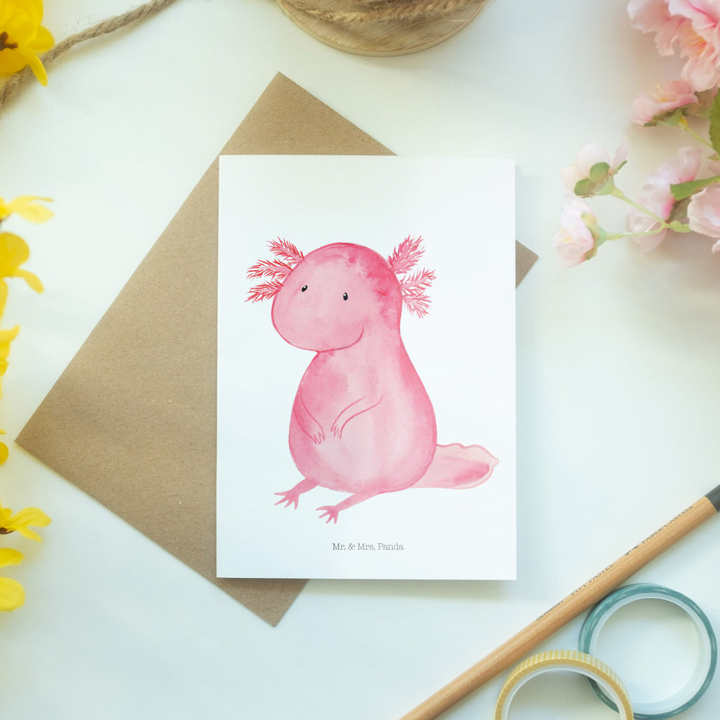 Grußkarte Axolotl Klappkarte, Einladungskarte, Glückwunschkarte, Hochzeitskarte, Geburtstagskarte, Karte, Axolotl, Molch, Axolot, vergnügt, fröhlich, zufrieden, Lebensstil, Weisheit, Lebensweisheit, Liebe, Freundin