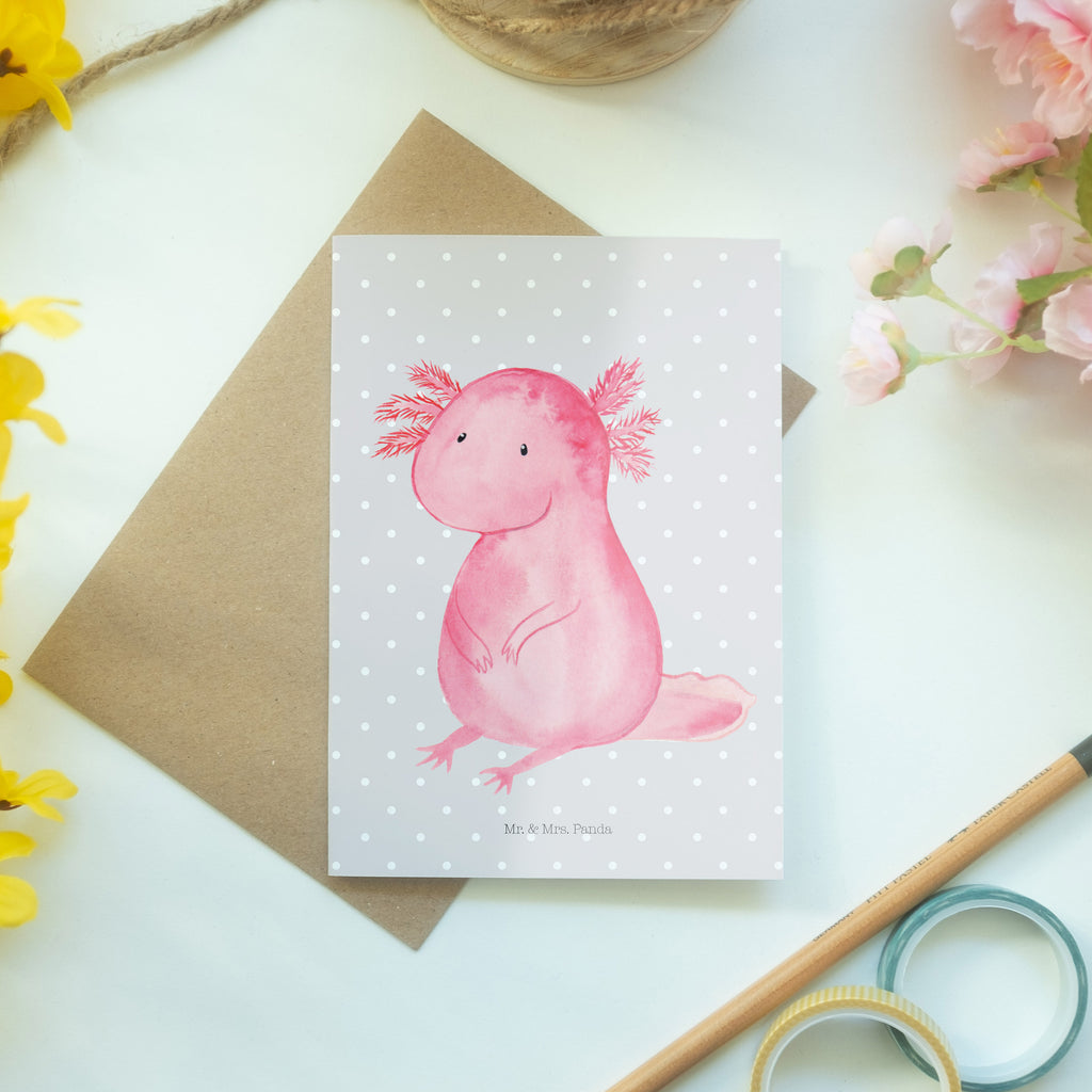 Grußkarte Axolotl Klappkarte, Einladungskarte, Glückwunschkarte, Hochzeitskarte, Geburtstagskarte, Karte, Axolotl, Molch, Axolot, vergnügt, fröhlich, zufrieden, Lebensstil, Weisheit, Lebensweisheit, Liebe, Freundin