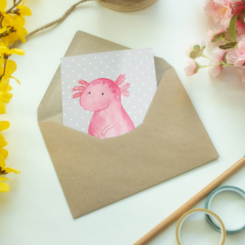Grußkarte Axolotl Klappkarte, Einladungskarte, Glückwunschkarte, Hochzeitskarte, Geburtstagskarte, Karte, Axolotl, Molch, Axolot, vergnügt, fröhlich, zufrieden, Lebensstil, Weisheit, Lebensweisheit, Liebe, Freundin