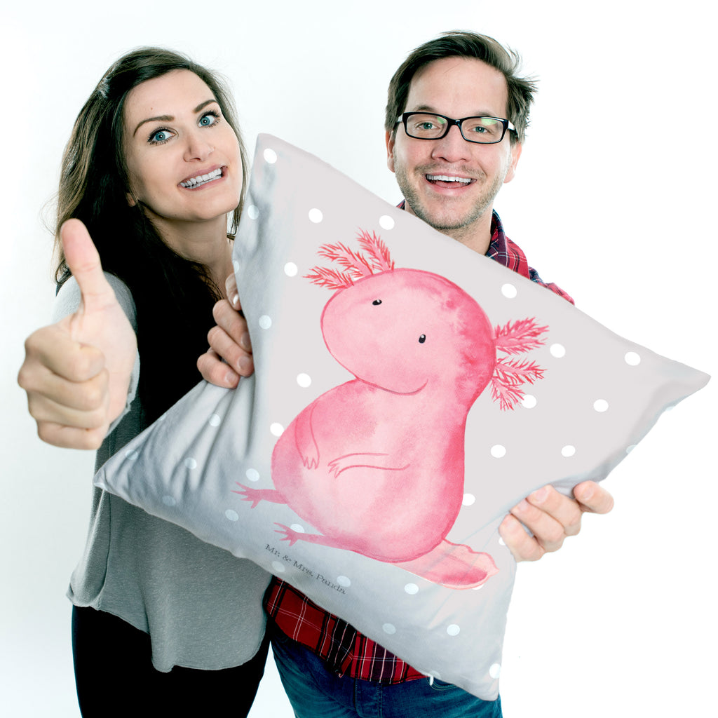40x40 Kissen Axolotl Kissenhülle, Kopfkissen, Sofakissen, Dekokissen, Motivkissen, Axolotl, Molch, Axolot, vergnügt, fröhlich, zufrieden, Lebensstil, Weisheit, Lebensweisheit, Liebe, Freundin