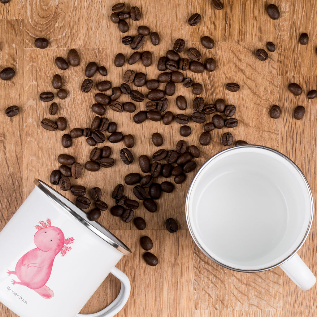 Camping Emaille Tasse Axolotl Campingtasse, Trinkbecher, Metalltasse, Outdoor Tasse, Emaille Trinkbecher, Blechtasse Outdoor, Emaille Campingbecher, Edelstahl Trinkbecher, Metalltasse für Camping, Kaffee Blechtasse, Camping Tasse Metall, Axolotl, Molch, Axolot, vergnügt, fröhlich, zufrieden, Lebensstil, Weisheit, Lebensweisheit, Liebe, Freundin