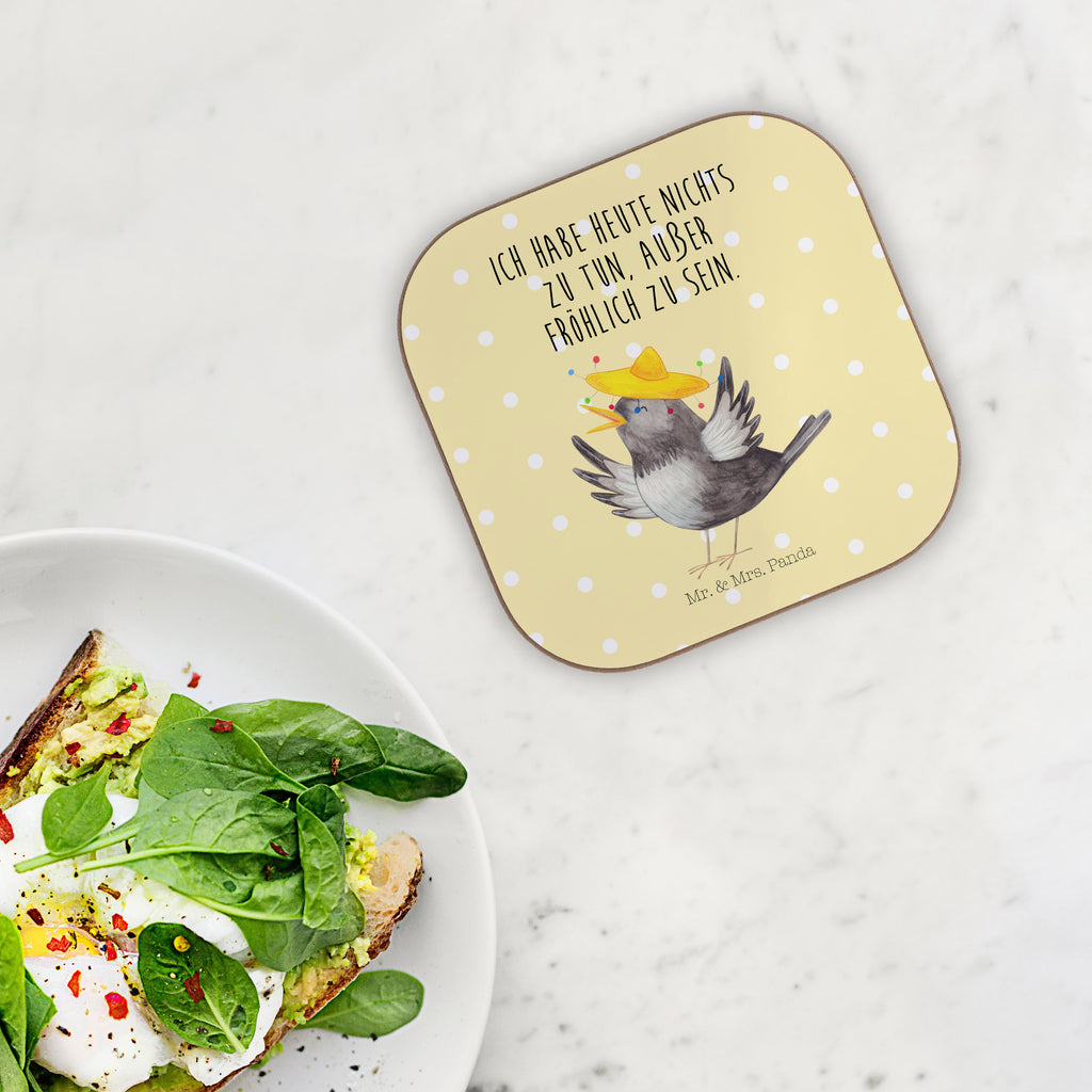 Quadratische Untersetzer Rabe mit Sombrero Bierdeckel, Glasuntersetzer, Untersetzer Gläser, Getränkeuntersetzer, Tiermotive, Gute Laune, lustige Sprüche, Tiere, Rabe, Vogel, Vögel, Spruch positiv, fröhlich sein, glücklich sein, Glück Spruch, froh, Elster, Motivation