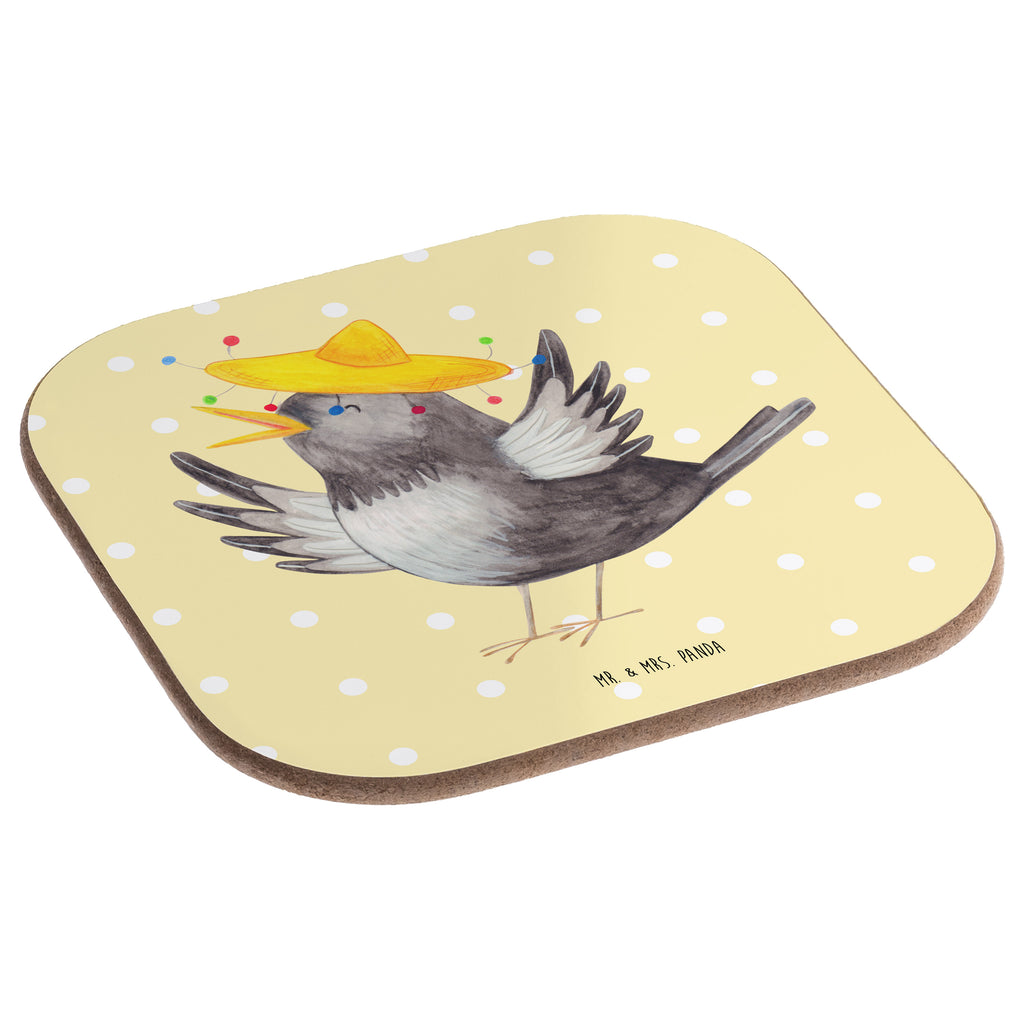 Quadratische Untersetzer Rabe mit Sombrero Bierdeckel, Glasuntersetzer, Untersetzer Gläser, Getränkeuntersetzer, Tiermotive, Gute Laune, lustige Sprüche, Tiere, Rabe, Vogel, Vögel, Spruch positiv, fröhlich sein, glücklich sein, Glück Spruch, froh, Elster, Motivation