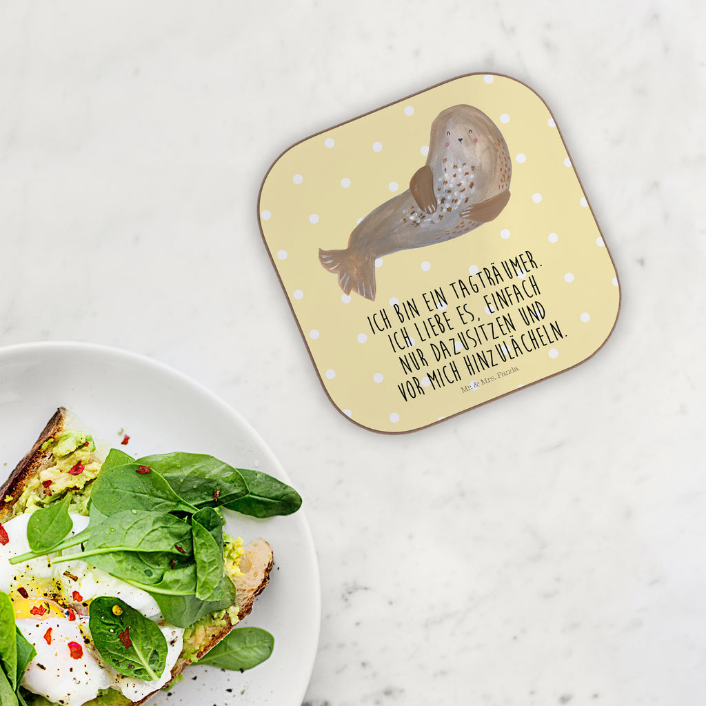 Quadratische Untersetzer Robbe lachend Bierdeckel, Glasuntersetzer, Untersetzer Gläser, Getränkeuntersetzer, Tiermotive, Gute Laune, lustige Sprüche, Tiere, Robbe, Robben, Seehund, Strand, Meerestier, Ostsee, Nordsee