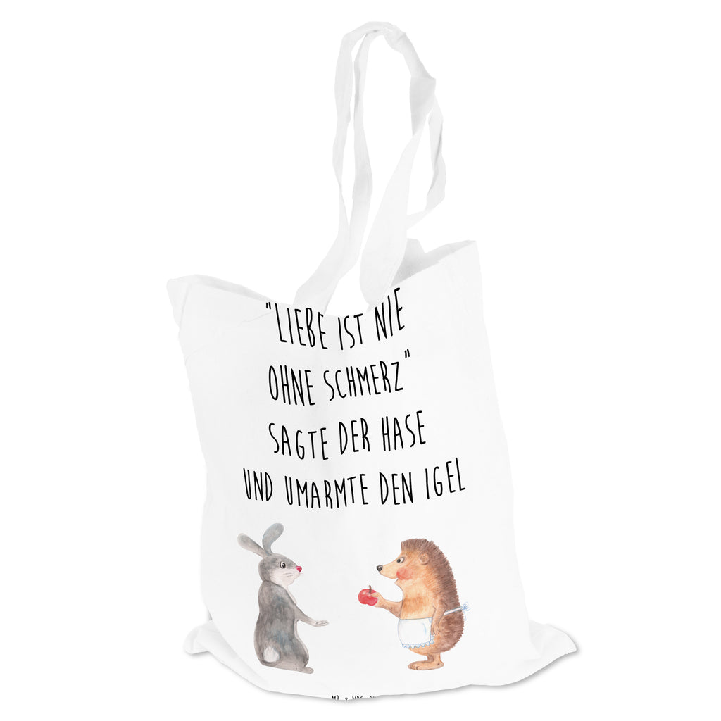 Tragetasche Liebe ist nie ohne Schmerz Beuteltasche, Beutel, Einkaufstasche, Jutebeutel, Stoffbeutel, Tiermotive, Gute Laune, lustige Sprüche, Tiere, Igel und Hase, Igel, Hase, Liebe Spruch, Liebeskummer Geschenk, Herzschmerz, Trösten, Trennungsschmerz, Spruch romantisch