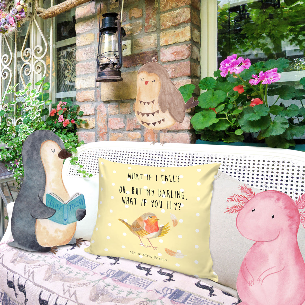 40x40 Kissen Rotkehlchen mit Federn Kissenhülle, Kopfkissen, Sofakissen, Dekokissen, Motivkissen, Tiermotive, Gute Laune, lustige Sprüche, Tiere, What if i fall, Rotkehlchen, Spruch Motivation, Spruch Mut, Vogel, Motivation Sprüche, Motivationsbilder, fliegen