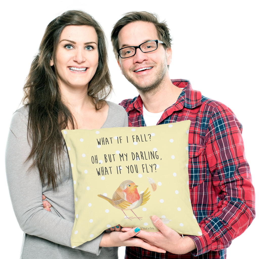 40x40 Kissen Rotkehlchen mit Federn Kissenhülle, Kopfkissen, Sofakissen, Dekokissen, Motivkissen, Tiermotive, Gute Laune, lustige Sprüche, Tiere, What if i fall, Rotkehlchen, Spruch Motivation, Spruch Mut, Vogel, Motivation Sprüche, Motivationsbilder, fliegen