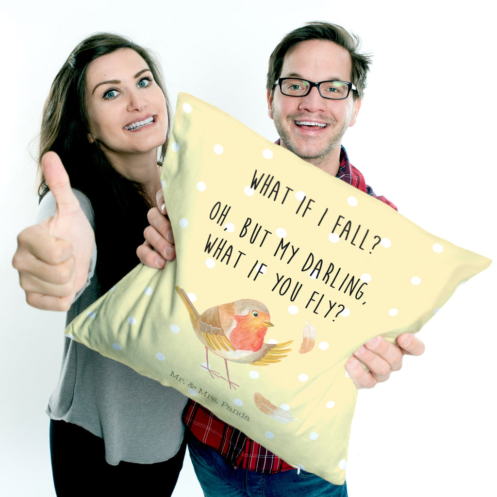 40x40 Kissen Rotkehlchen mit Federn Kissenhülle, Kopfkissen, Sofakissen, Dekokissen, Motivkissen, Tiermotive, Gute Laune, lustige Sprüche, Tiere, What if i fall, Rotkehlchen, Spruch Motivation, Spruch Mut, Vogel, Motivation Sprüche, Motivationsbilder, fliegen
