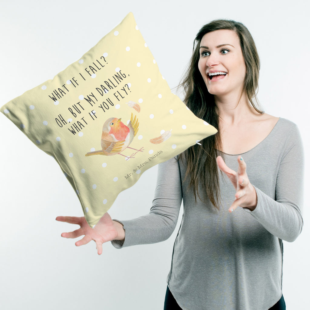 40x40 Kissen Rotkehlchen mit Federn Kissenhülle, Kopfkissen, Sofakissen, Dekokissen, Motivkissen, Tiermotive, Gute Laune, lustige Sprüche, Tiere, What if i fall, Rotkehlchen, Spruch Motivation, Spruch Mut, Vogel, Motivation Sprüche, Motivationsbilder, fliegen