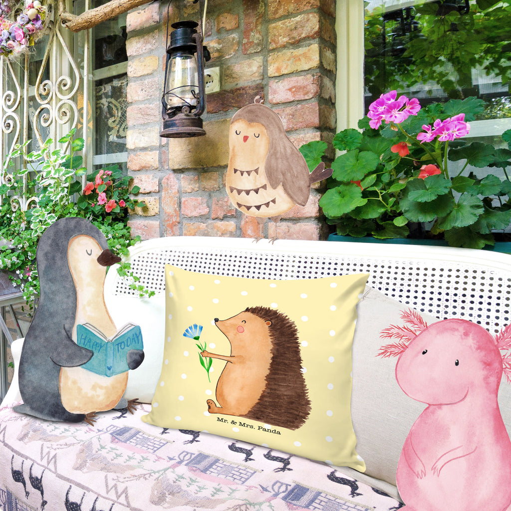 40x40 Kissen Igel mit Blume Kissenhülle, Kopfkissen, Sofakissen, Dekokissen, Motivkissen, Tiermotive, Gute Laune, lustige Sprüche, Tiere, Igel, Gute Besserung, Genesungswünsche, Krankheit, Krankenhaus, krank, Besuch