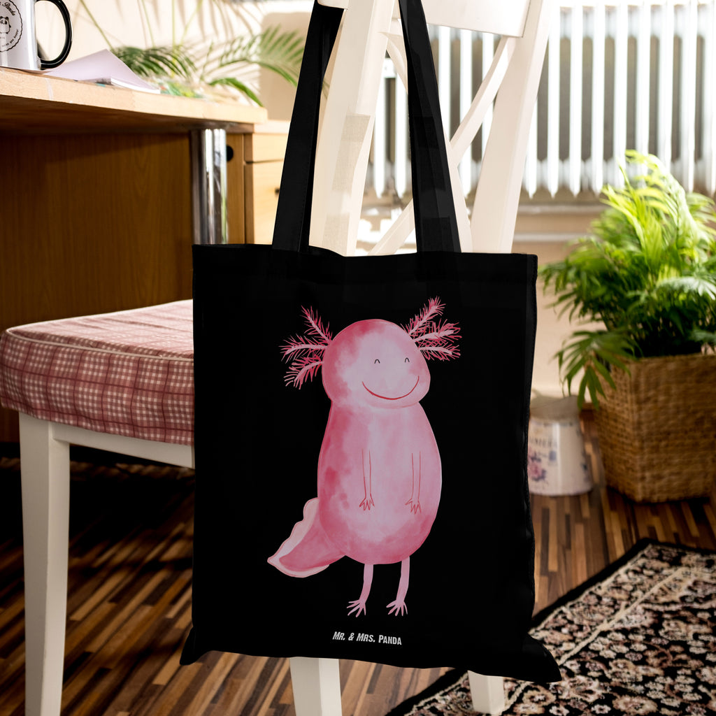 Tragetasche Axolotl glücklich Beuteltasche, Beutel, Einkaufstasche, Jutebeutel, Stoffbeutel, Axolotl, Molch, Axolot, Schwanzlurch, Lurch, Lurche, Motivation, gute Laune