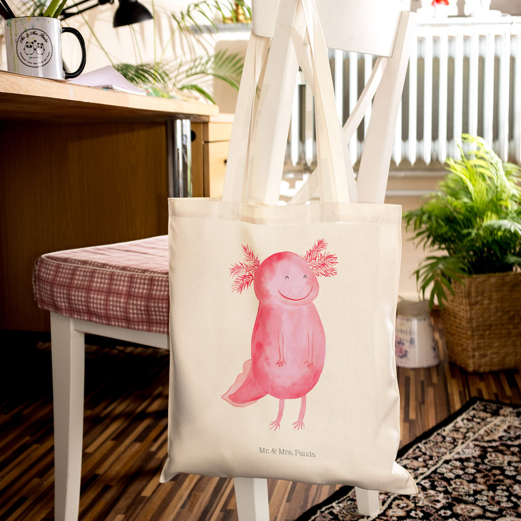 Tragetasche Axolotl glücklich Beuteltasche, Beutel, Einkaufstasche, Jutebeutel, Stoffbeutel, Axolotl, Molch, Axolot, Schwanzlurch, Lurch, Lurche, Motivation, gute Laune