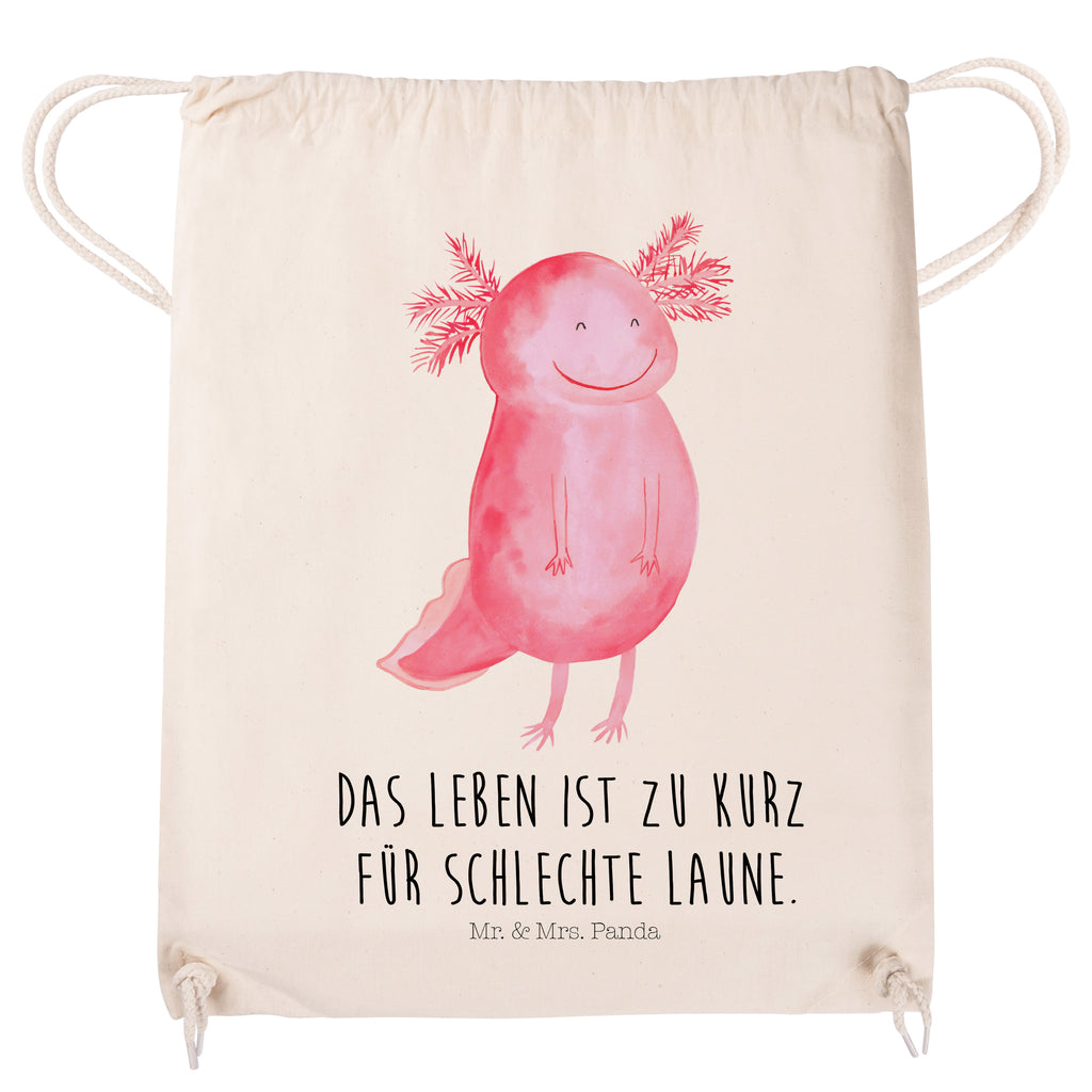 Sportbeutel Axolotl glücklich Turnbeutel, Beutel, Sporttasche, Tasche, Stoffbeutel, Axolotl, Molch, Axolot, Schwanzlurch, Lurch, Lurche, Motivation, gute Laune