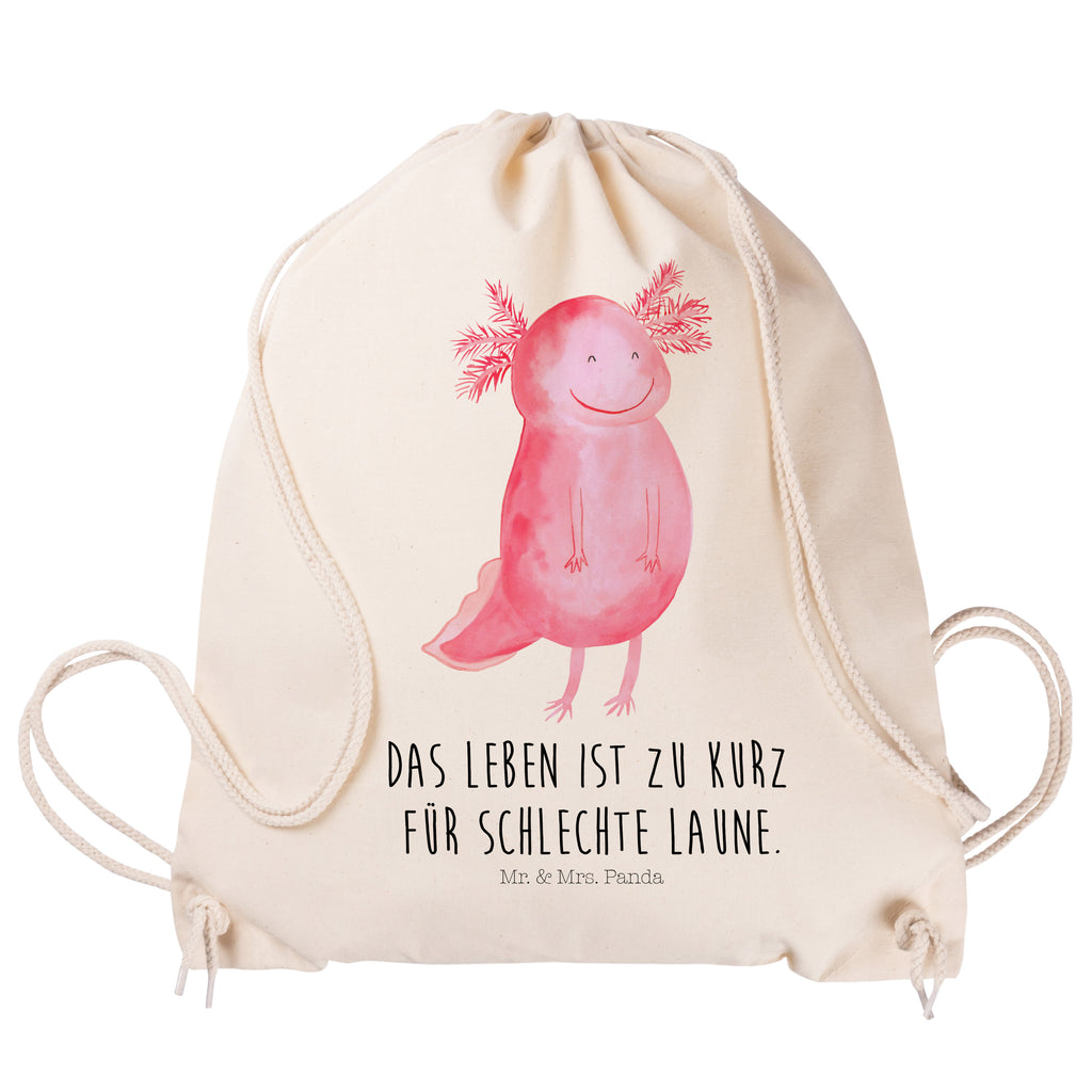 Sportbeutel Axolotl glücklich Turnbeutel, Beutel, Sporttasche, Tasche, Stoffbeutel, Axolotl, Molch, Axolot, Schwanzlurch, Lurch, Lurche, Motivation, gute Laune