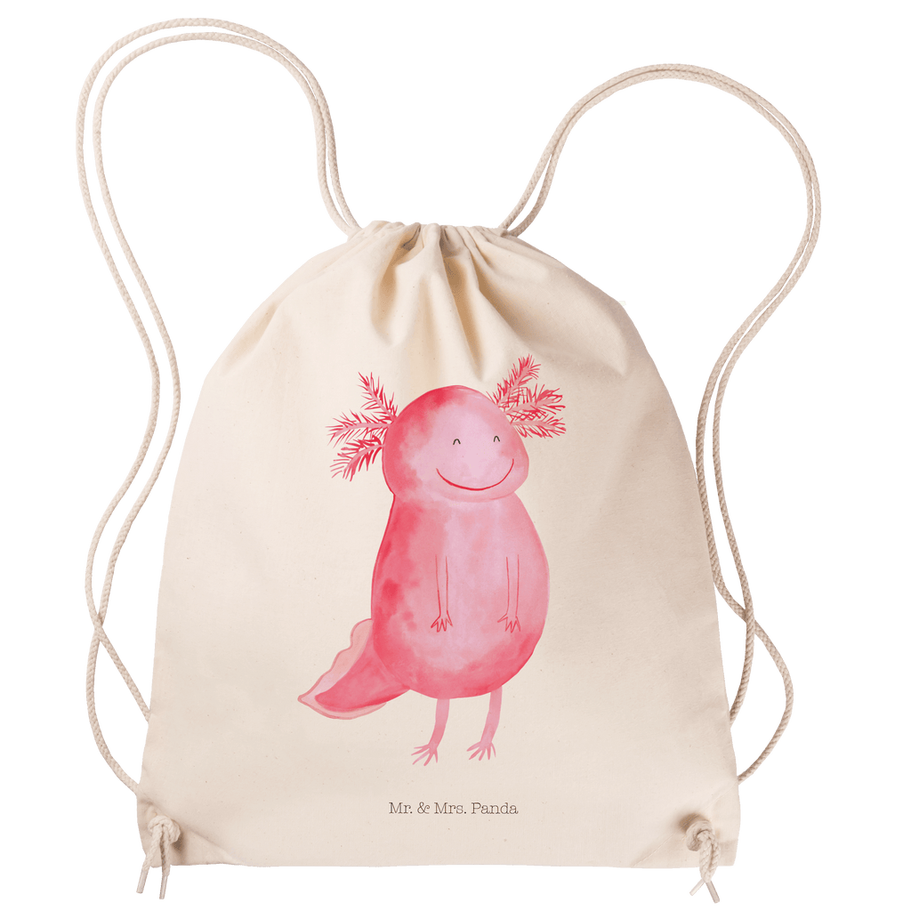 Sportbeutel Axolotl glücklich Turnbeutel, Beutel, Sporttasche, Tasche, Stoffbeutel, Axolotl, Molch, Axolot, Schwanzlurch, Lurch, Lurche, Motivation, gute Laune