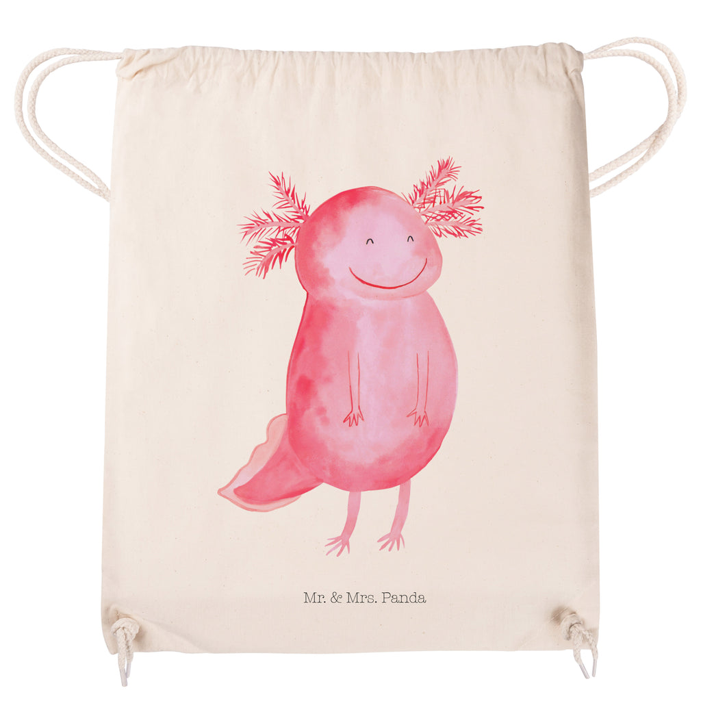 Sportbeutel Axolotl glücklich Turnbeutel, Beutel, Sporttasche, Tasche, Stoffbeutel, Axolotl, Molch, Axolot, Schwanzlurch, Lurch, Lurche, Motivation, gute Laune