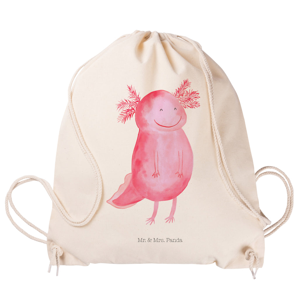 Sportbeutel Axolotl glücklich Turnbeutel, Beutel, Sporttasche, Tasche, Stoffbeutel, Axolotl, Molch, Axolot, Schwanzlurch, Lurch, Lurche, Motivation, gute Laune