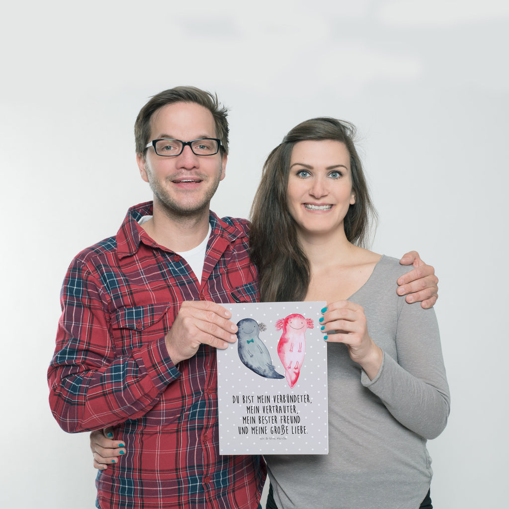 Poster Axolotl Axel+Lotte Poster, Wandposter, Bild, Wanddeko, Küchenposter, Kinderposter, Wanddeko Bild, Raumdekoration, Wanddekoration, Handgemaltes Poster, Mr. & Mrs. Panda Poster, Designposter, Kunstdruck, Posterdruck, Axolotl, Molch, Axolot, Schwanzlurch, Lurch, Lurche, Liebe, große Liebe, Liebesbeweis, Freund, Verlobter, Ehemann, Jahrestag, Valentinstag