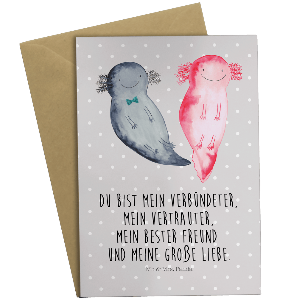 Grußkarte Axolotl Axel+Lotte Klappkarte, Einladungskarte, Glückwunschkarte, Hochzeitskarte, Geburtstagskarte, Karte, Axolotl, Molch, Axolot, Schwanzlurch, Lurch, Lurche, Liebe, große Liebe, Liebesbeweis, Freund, Verlobter, Ehemann, Jahrestag, Valentinstag