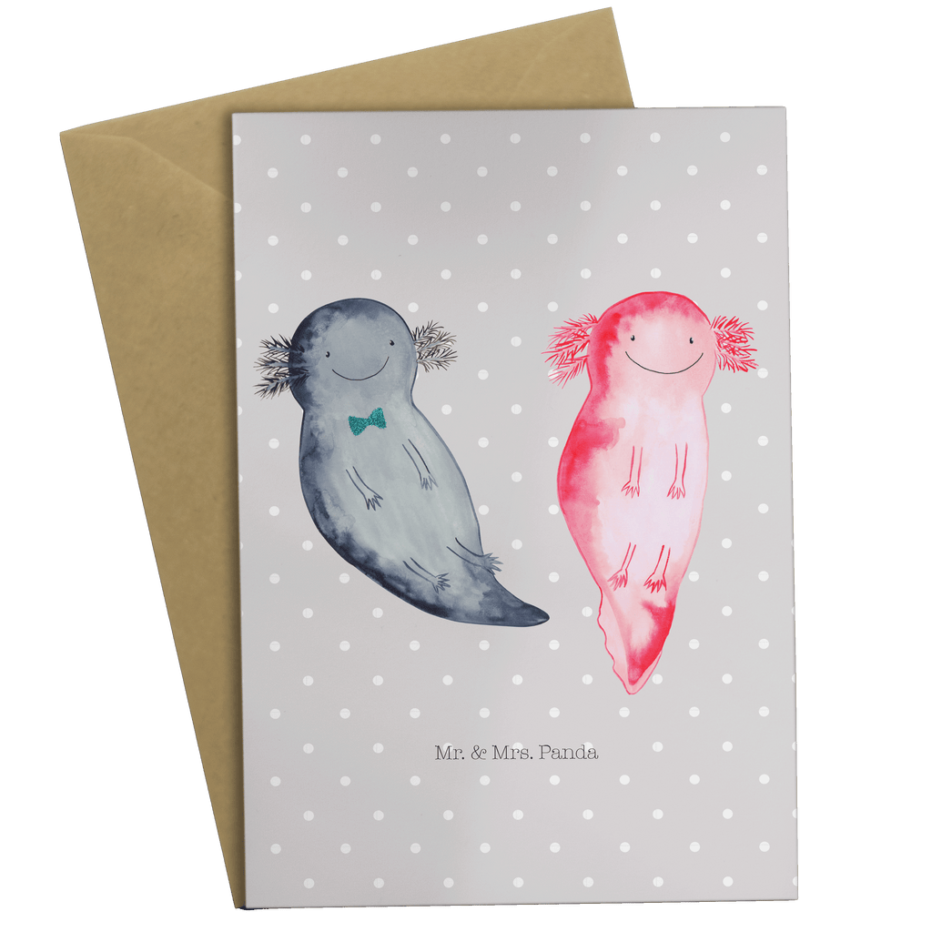Grußkarte Axolotl Axel+Lotte Klappkarte, Einladungskarte, Glückwunschkarte, Hochzeitskarte, Geburtstagskarte, Karte, Axolotl, Molch, Axolot, Schwanzlurch, Lurch, Lurche, Liebe, große Liebe, Liebesbeweis, Freund, Verlobter, Ehemann, Jahrestag, Valentinstag