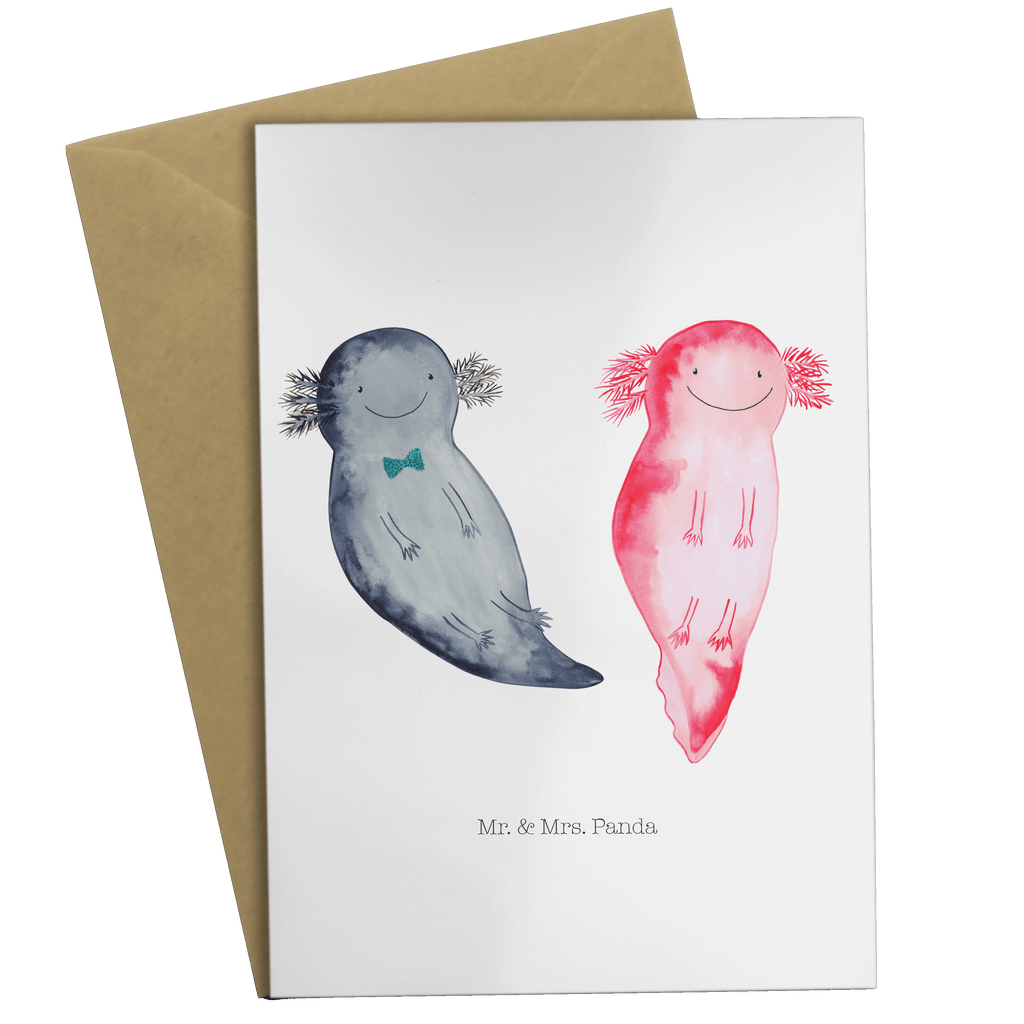 Grußkarte Axolotl Axel+Lotte Klappkarte, Einladungskarte, Glückwunschkarte, Hochzeitskarte, Geburtstagskarte, Karte, Axolotl, Molch, Axolot, Schwanzlurch, Lurch, Lurche, Liebe, große Liebe, Liebesbeweis, Freund, Verlobter, Ehemann, Jahrestag, Valentinstag
