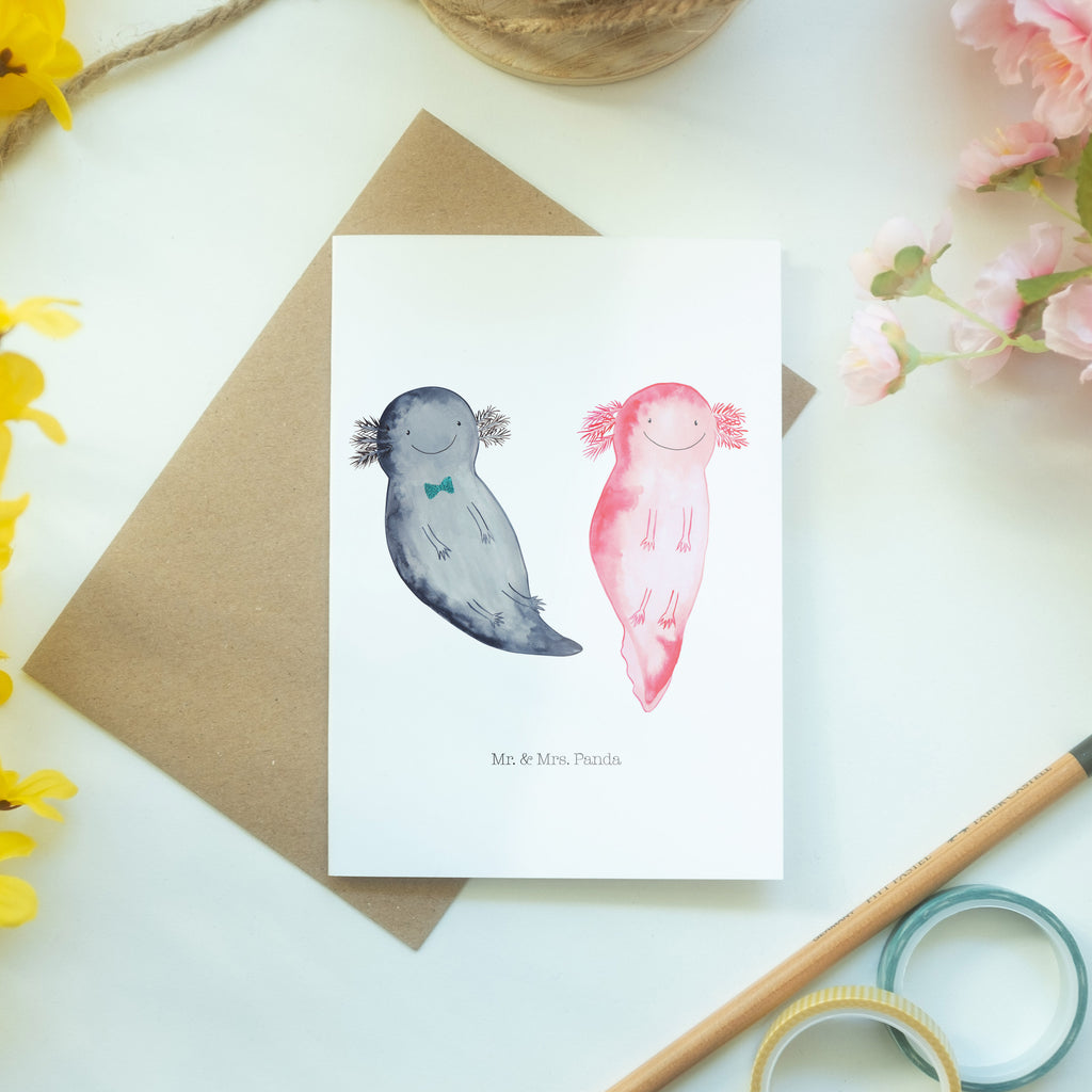 Grußkarte Axolotl Axel+Lotte Klappkarte, Einladungskarte, Glückwunschkarte, Hochzeitskarte, Geburtstagskarte, Karte, Axolotl, Molch, Axolot, Schwanzlurch, Lurch, Lurche, Liebe, große Liebe, Liebesbeweis, Freund, Verlobter, Ehemann, Jahrestag, Valentinstag