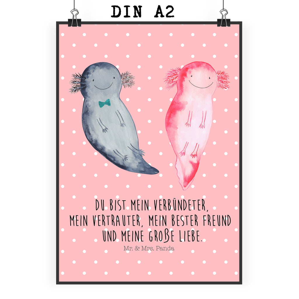 Poster Axolotl Axel+Lotte Poster, Wandposter, Bild, Wanddeko, Küchenposter, Kinderposter, Wanddeko Bild, Raumdekoration, Wanddekoration, Handgemaltes Poster, Mr. & Mrs. Panda Poster, Designposter, Kunstdruck, Posterdruck, Axolotl, Molch, Axolot, Schwanzlurch, Lurch, Lurche, Liebe, große Liebe, Liebesbeweis, Freund, Verlobter, Ehemann, Jahrestag, Valentinstag
