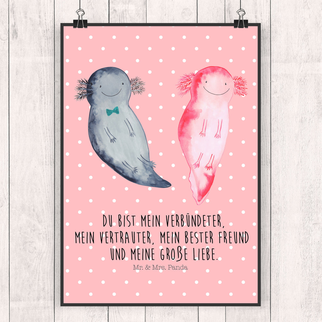 Poster Axolotl Axel+Lotte Poster, Wandposter, Bild, Wanddeko, Küchenposter, Kinderposter, Wanddeko Bild, Raumdekoration, Wanddekoration, Handgemaltes Poster, Mr. & Mrs. Panda Poster, Designposter, Kunstdruck, Posterdruck, Axolotl, Molch, Axolot, Schwanzlurch, Lurch, Lurche, Liebe, große Liebe, Liebesbeweis, Freund, Verlobter, Ehemann, Jahrestag, Valentinstag