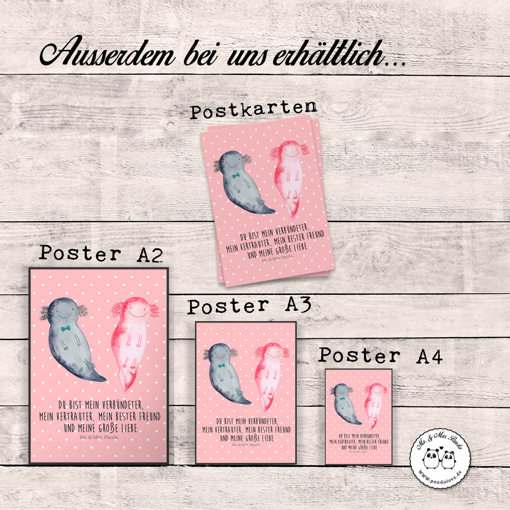 Poster Axolotl Axel+Lotte Poster, Wandposter, Bild, Wanddeko, Küchenposter, Kinderposter, Wanddeko Bild, Raumdekoration, Wanddekoration, Handgemaltes Poster, Mr. & Mrs. Panda Poster, Designposter, Kunstdruck, Posterdruck, Axolotl, Molch, Axolot, Schwanzlurch, Lurch, Lurche, Liebe, große Liebe, Liebesbeweis, Freund, Verlobter, Ehemann, Jahrestag, Valentinstag
