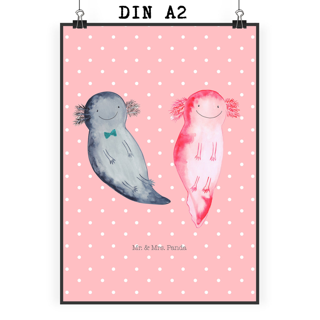 Poster Axolotl Axel+Lotte Poster, Wandposter, Bild, Wanddeko, Küchenposter, Kinderposter, Wanddeko Bild, Raumdekoration, Wanddekoration, Handgemaltes Poster, Mr. & Mrs. Panda Poster, Designposter, Kunstdruck, Posterdruck, Axolotl, Molch, Axolot, Schwanzlurch, Lurch, Lurche, Liebe, große Liebe, Liebesbeweis, Freund, Verlobter, Ehemann, Jahrestag, Valentinstag