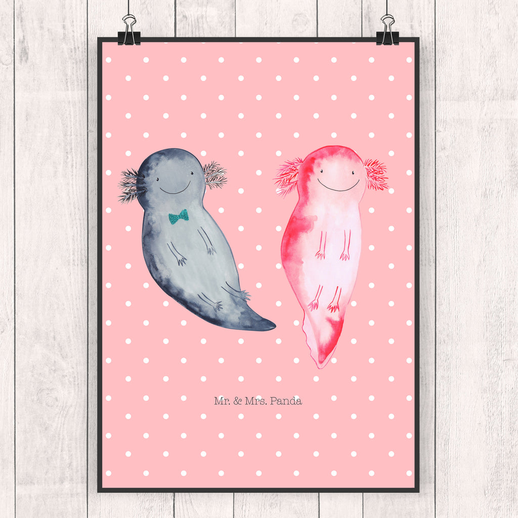 Poster Axolotl Axel+Lotte Poster, Wandposter, Bild, Wanddeko, Küchenposter, Kinderposter, Wanddeko Bild, Raumdekoration, Wanddekoration, Handgemaltes Poster, Mr. & Mrs. Panda Poster, Designposter, Kunstdruck, Posterdruck, Axolotl, Molch, Axolot, Schwanzlurch, Lurch, Lurche, Liebe, große Liebe, Liebesbeweis, Freund, Verlobter, Ehemann, Jahrestag, Valentinstag