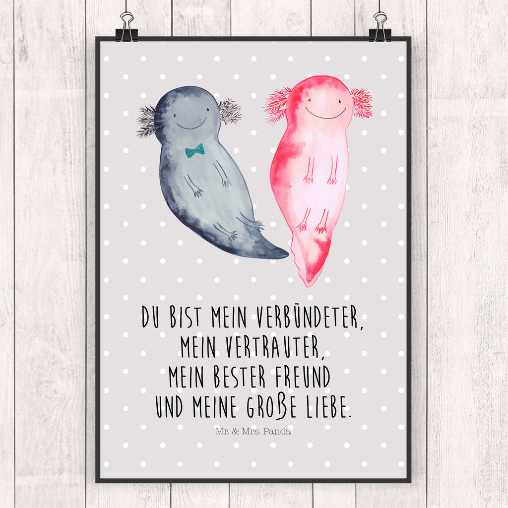 Poster Axolotl Axel+Lotte Poster, Wandposter, Bild, Wanddeko, Küchenposter, Kinderposter, Wanddeko Bild, Raumdekoration, Wanddekoration, Handgemaltes Poster, Mr. & Mrs. Panda Poster, Designposter, Kunstdruck, Posterdruck, Axolotl, Molch, Axolot, Schwanzlurch, Lurch, Lurche, Liebe, große Liebe, Liebesbeweis, Freund, Verlobter, Ehemann, Jahrestag, Valentinstag