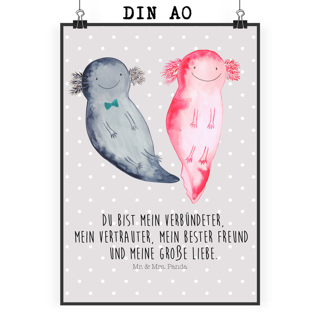 Poster Axolotl Axel+Lotte Poster, Wandposter, Bild, Wanddeko, Küchenposter, Kinderposter, Wanddeko Bild, Raumdekoration, Wanddekoration, Handgemaltes Poster, Mr. & Mrs. Panda Poster, Designposter, Kunstdruck, Posterdruck, Axolotl, Molch, Axolot, Schwanzlurch, Lurch, Lurche, Liebe, große Liebe, Liebesbeweis, Freund, Verlobter, Ehemann, Jahrestag, Valentinstag